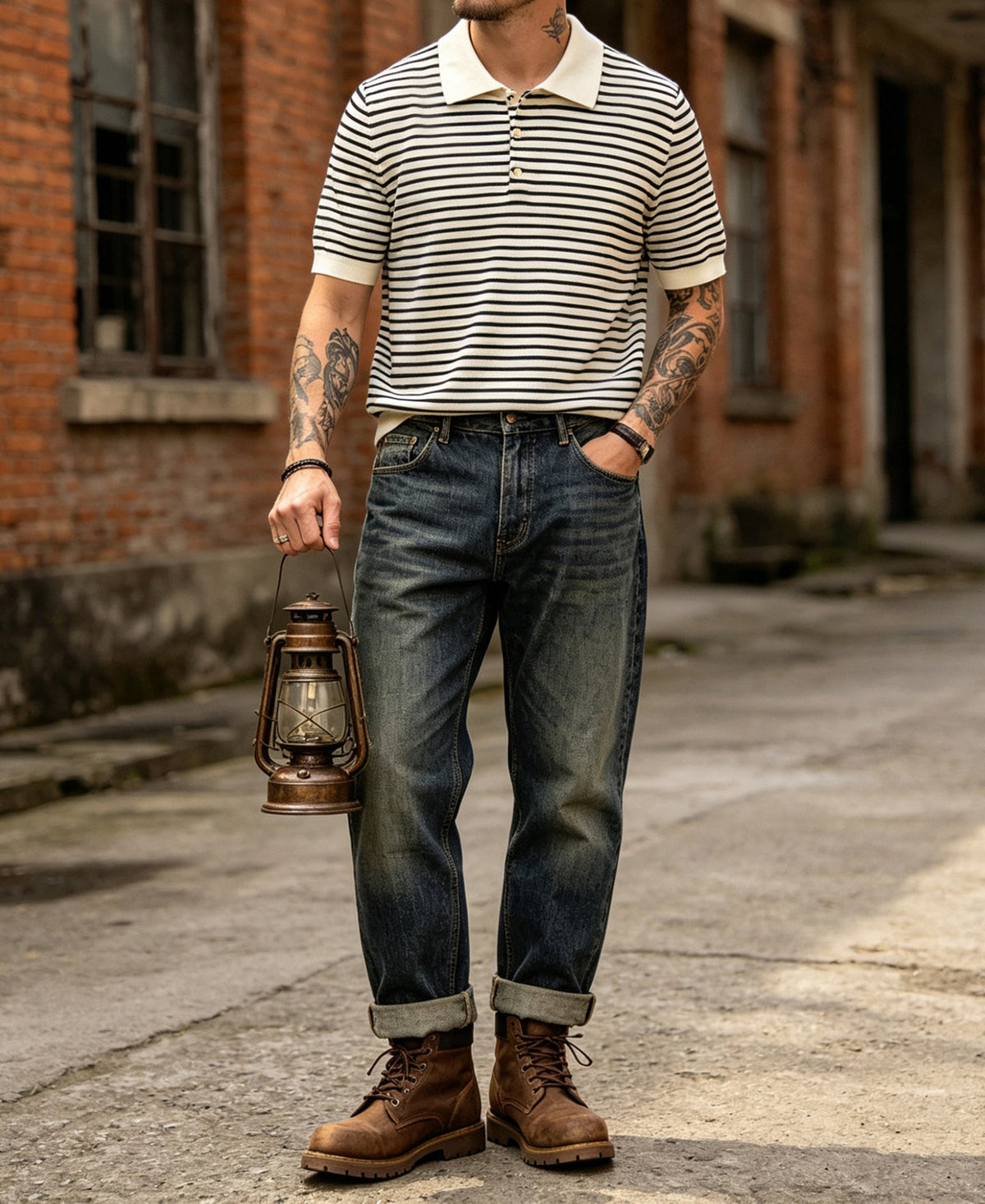 Fine Stripe Cotton Knit Polo White Black Classic Collar