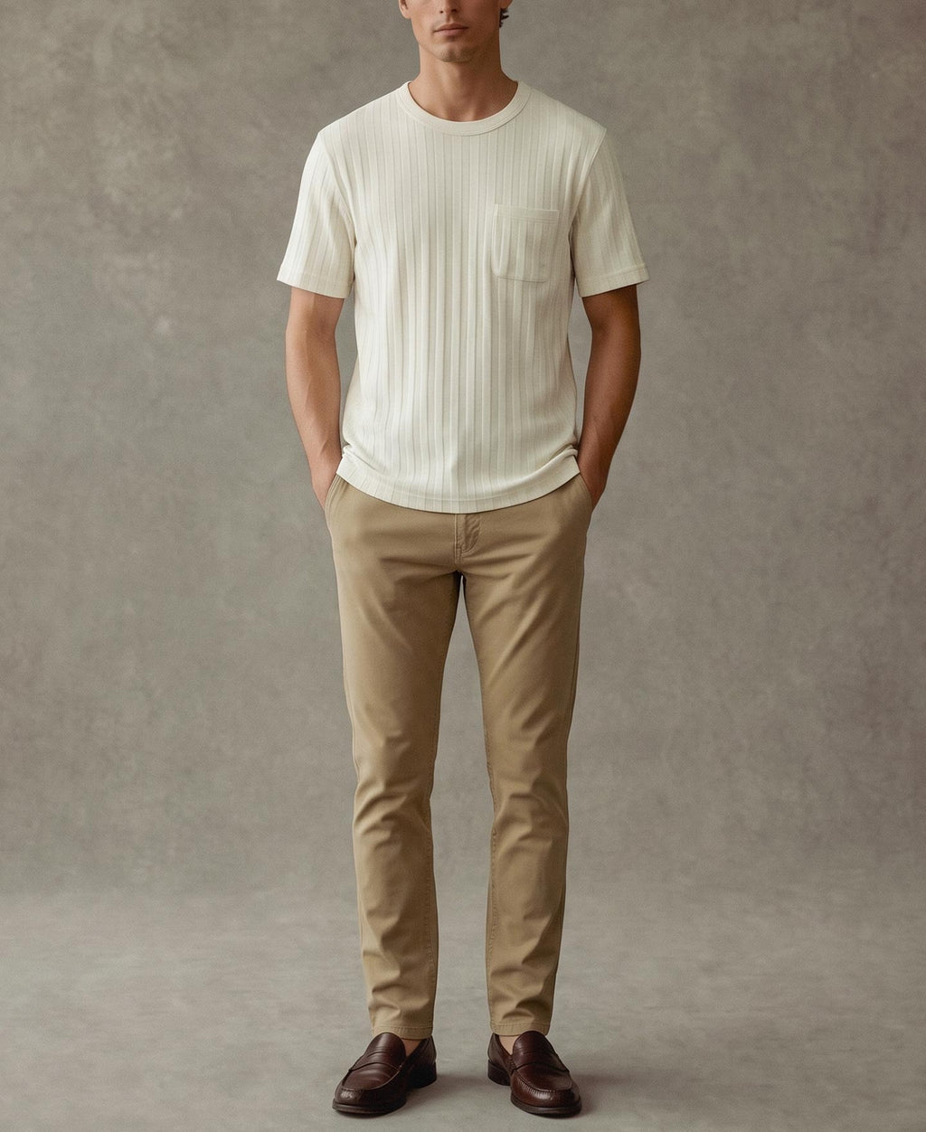 Heavyweight Ribbed Cotton Pocket T-Shirt Oatmeal White Structured