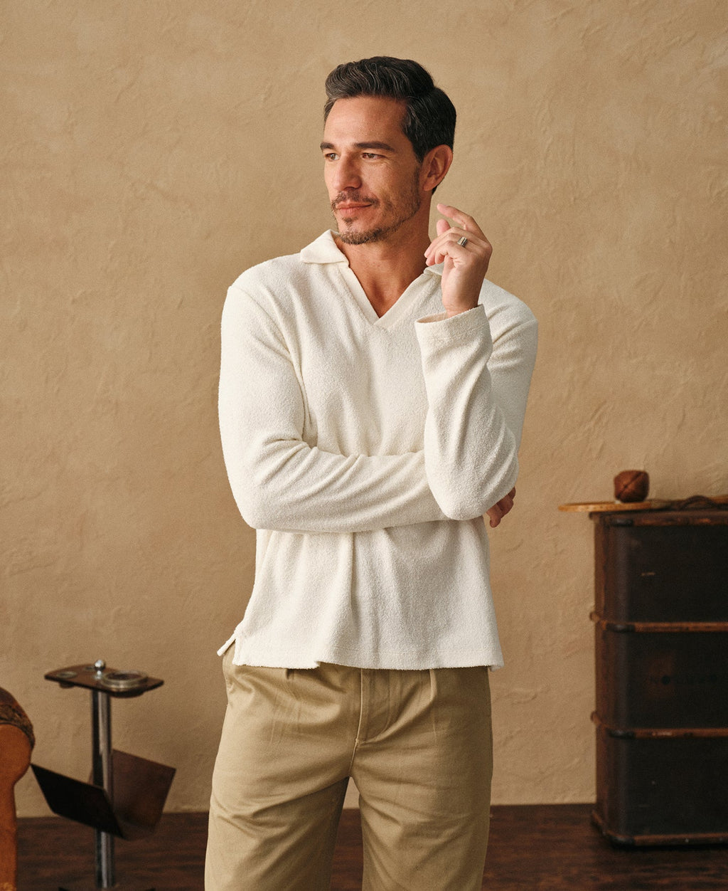 Terry Cloth Long Sleeve Collar T-Shirt Vintage Athletic