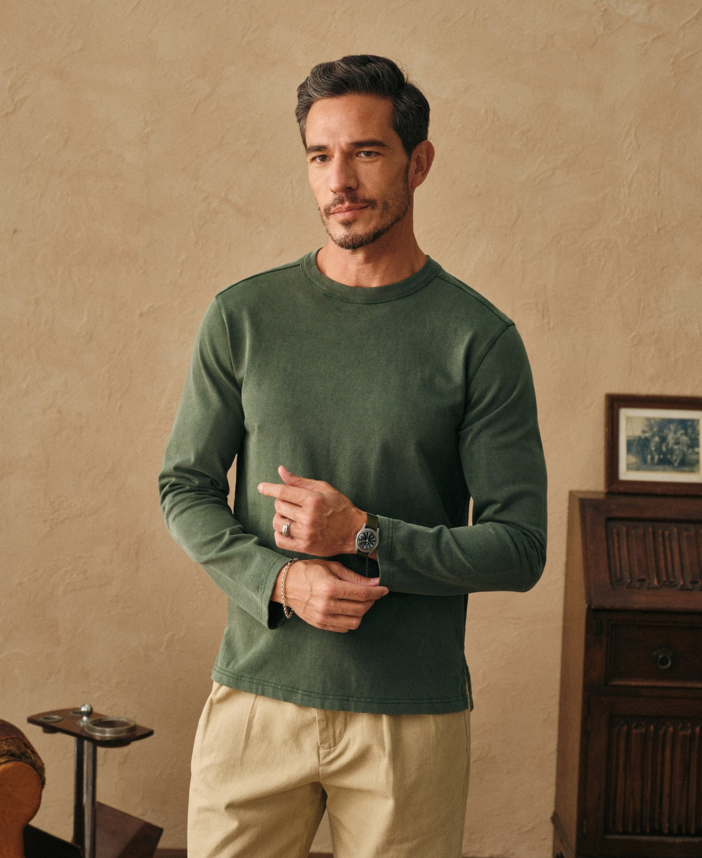 Sun-Washed Cotton Long Sleeve T-Shirt Washed Green Relaxed