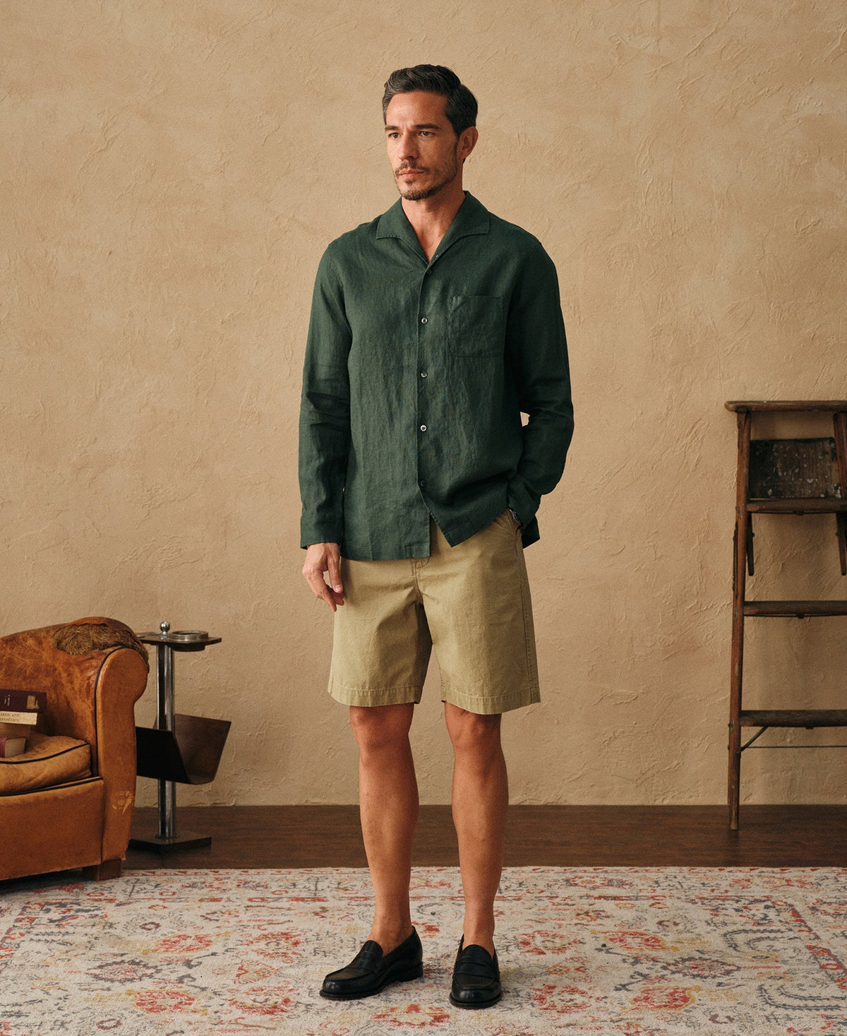 1930s Washed Officer Chino Shorts Khaki Classic Pleated Heritage