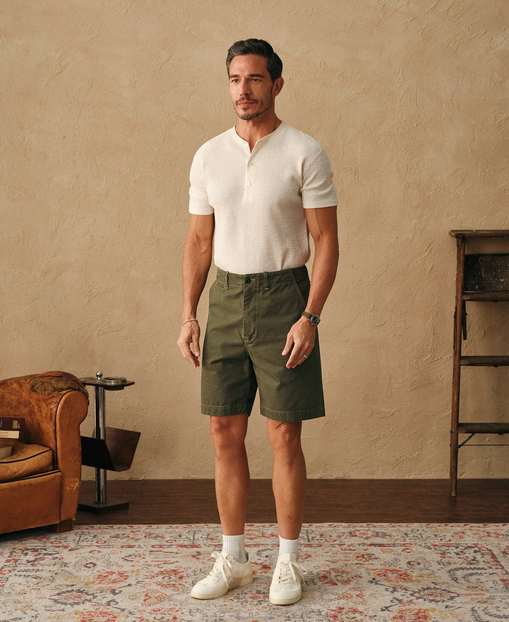 1930s Washed Officer Chino Shorts Olive Earthy Military Inspired