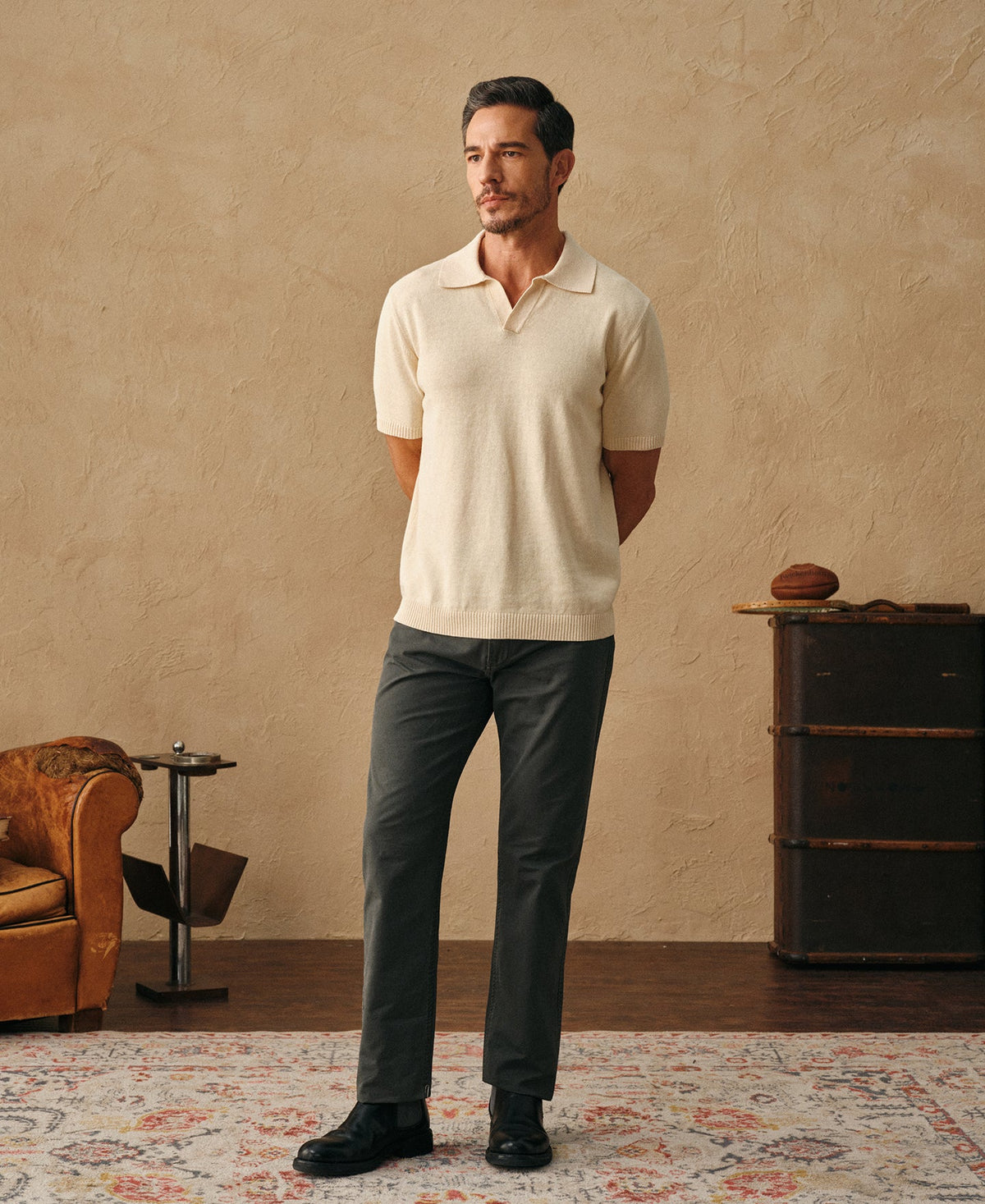 Linen Cotton Blend Knit Collar Polo Apricot Short Sleeve