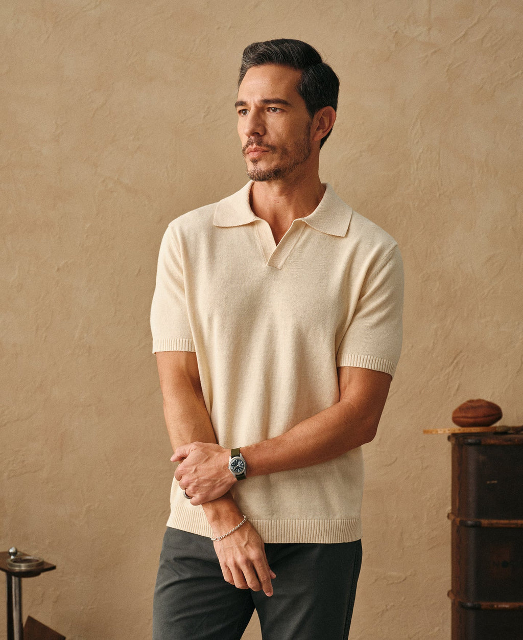 Linen Cotton Blend Knit Collar Polo Apricot Short Sleeve