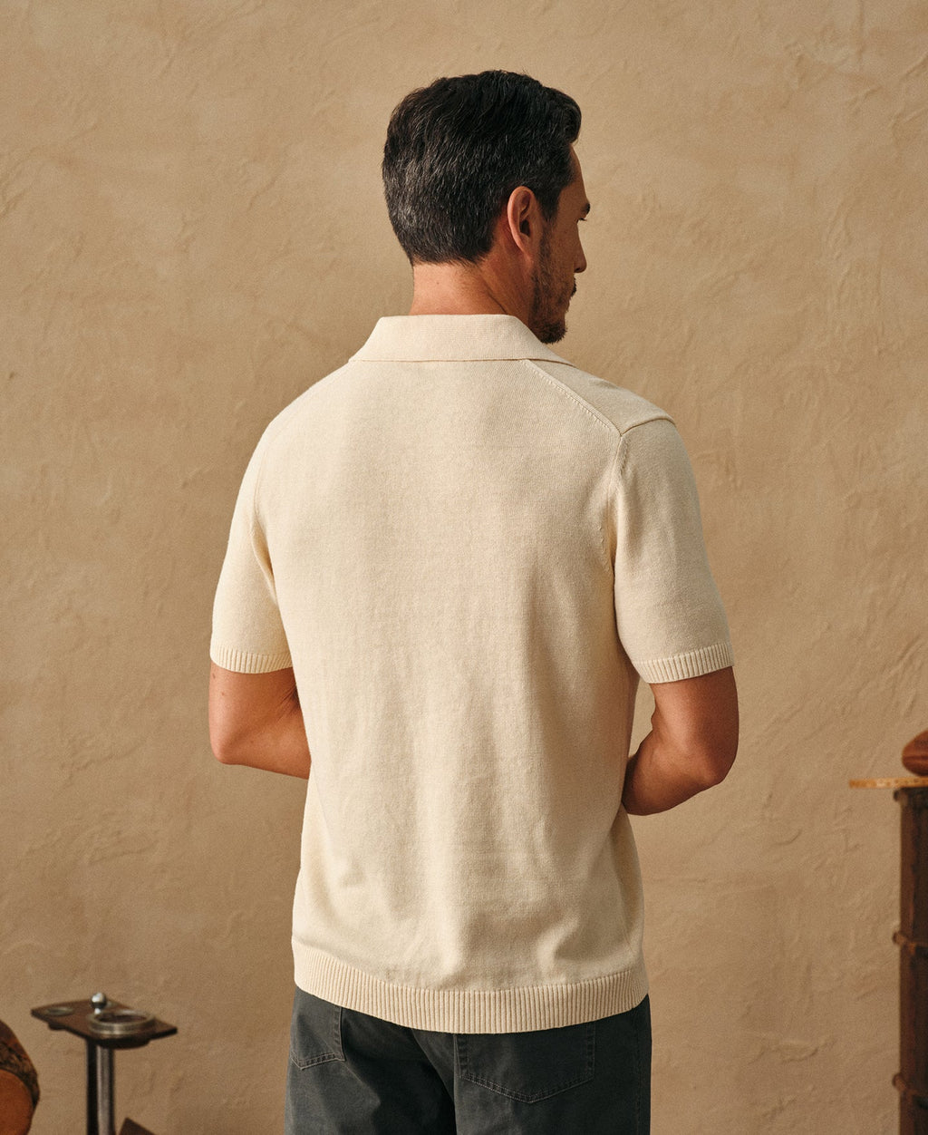 Linen Cotton Blend Knit Collar Polo Apricot Short Sleeve