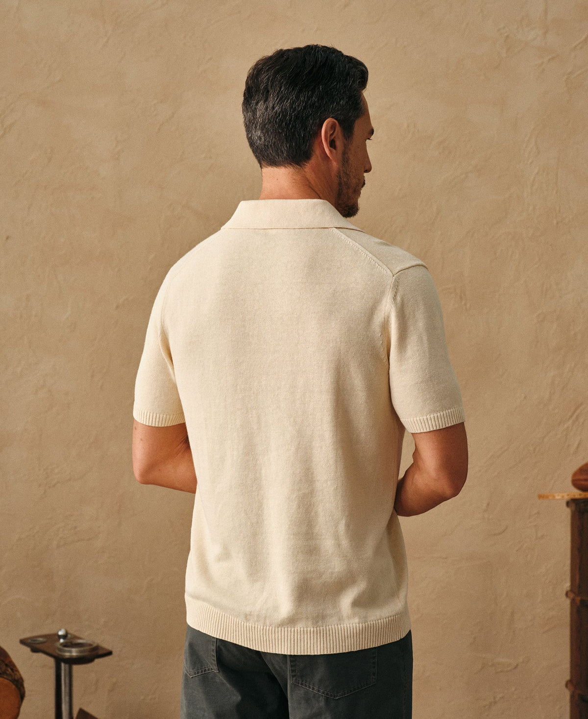 Linen Cotton Blend Knit Collar Polo Apricot Short Sleeve