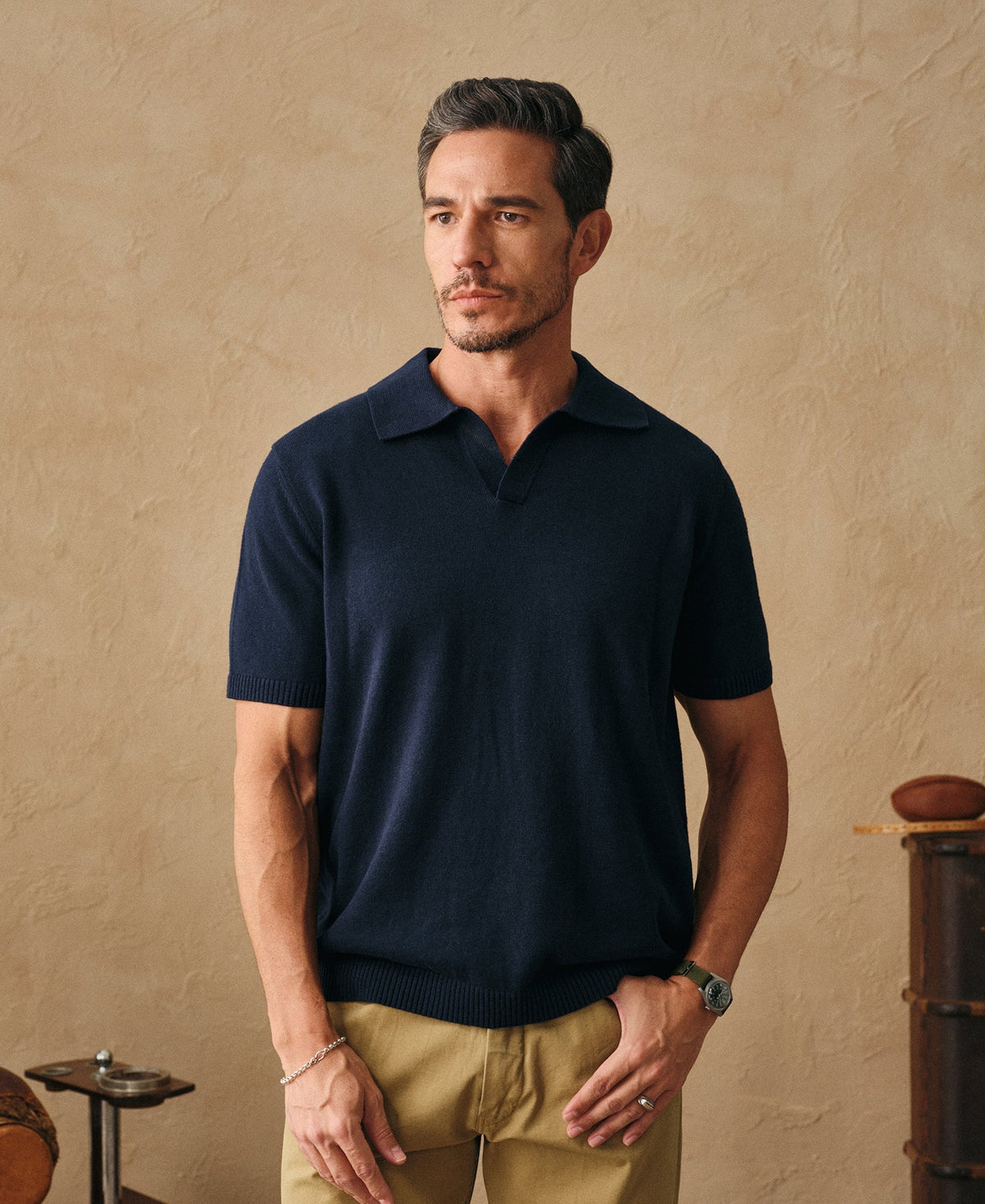 Linen Cotton Blend Knit Collar Polo Indigo Short Sleeve