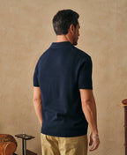 Linen Cotton Blend Knit Collar Polo Indigo Short Sleeve