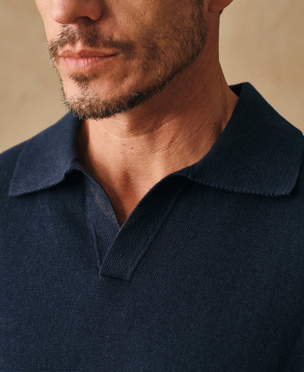 Linen Cotton Blend Knit Collar Polo Indigo Short Sleeve