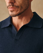 Linen Cotton Blend Knit Collar Polo Indigo Short Sleeve